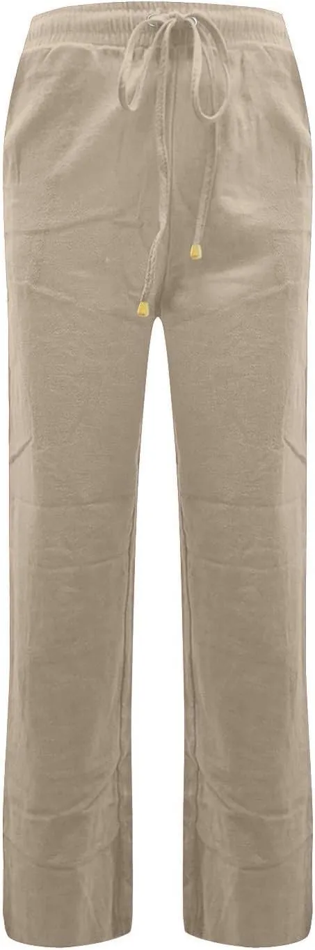 Straight Leg Linen Pants Women Summer Casual Lightweight Elastic High Waisted Wide Leg Pants Lounge Trouser Pants