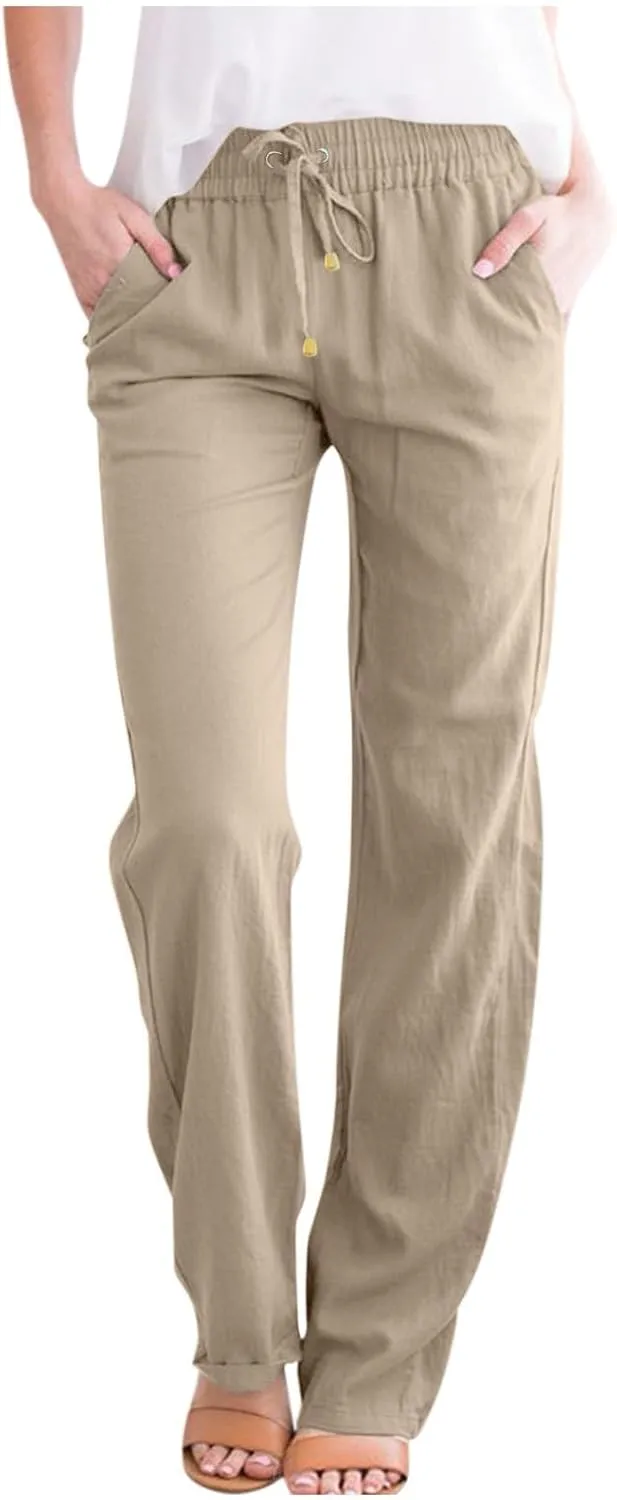 Straight Leg Linen Pants Women Summer Casual Lightweight Elastic High Waisted Wide Leg Pants Lounge Trouser Pants