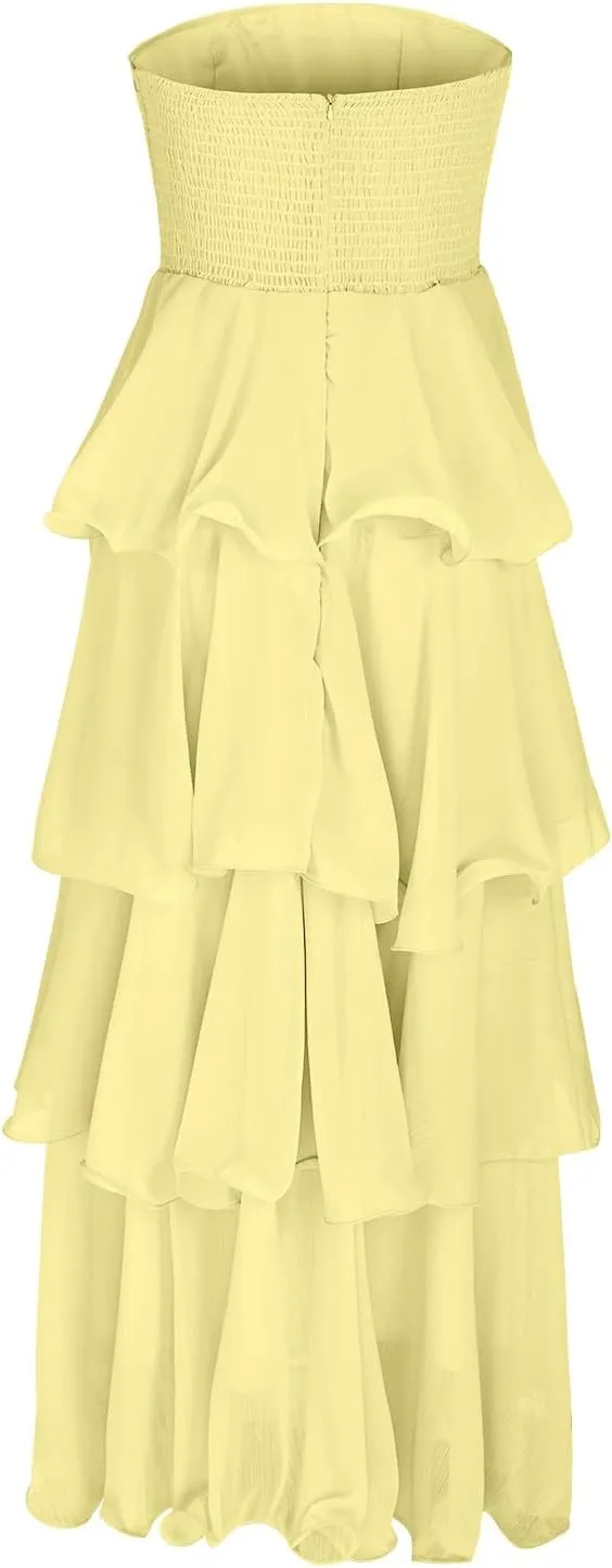 Strapless Prom Dress Chiffon Maxi Bridesmaid Dress Ruffle Tiered Off The Shoulder Long Formal Dresses Evening Gown