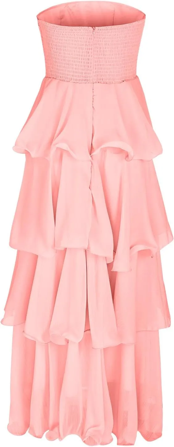 Strapless Prom Dress Chiffon Maxi Bridesmaid Dress Ruffle Tiered Off The Shoulder Long Formal Dresses Evening Gown