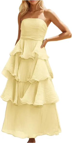 Strapless Prom Dress Chiffon Maxi Bridesmaid Dress Ruffle Tiered Off The Shoulder Long Formal Dresses Evening Gown