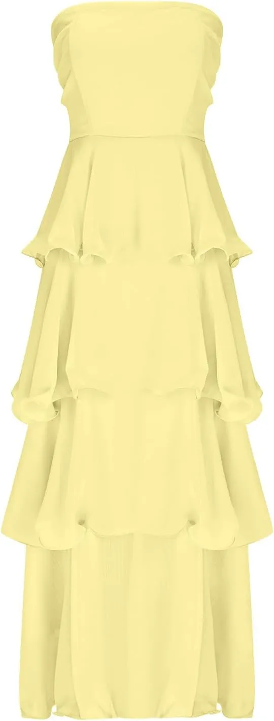 Strapless Prom Dress Chiffon Maxi Bridesmaid Dress Ruffle Tiered Off The Shoulder Long Formal Dresses Evening Gown