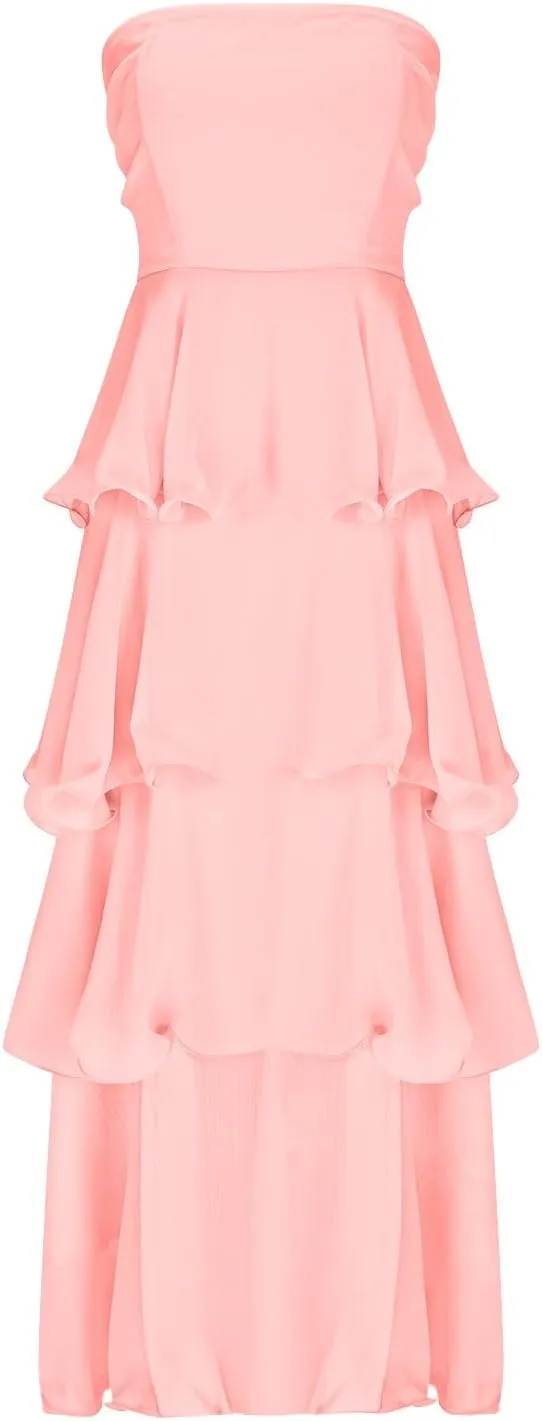 Strapless Prom Dress Chiffon Maxi Bridesmaid Dress Ruffle Tiered Off The Shoulder Long Formal Dresses Evening Gown