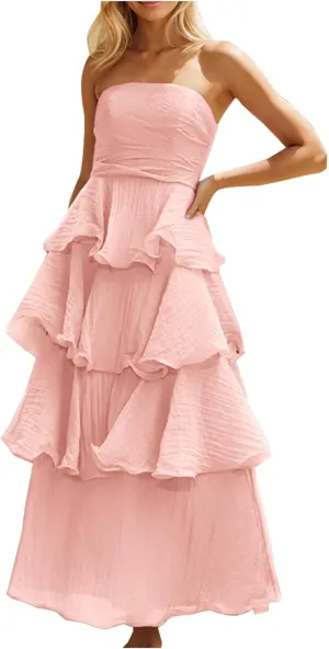 Strapless Prom Dress Chiffon Maxi Bridesmaid Dress Ruffle Tiered Off The Shoulder Long Formal Dresses Evening Gown