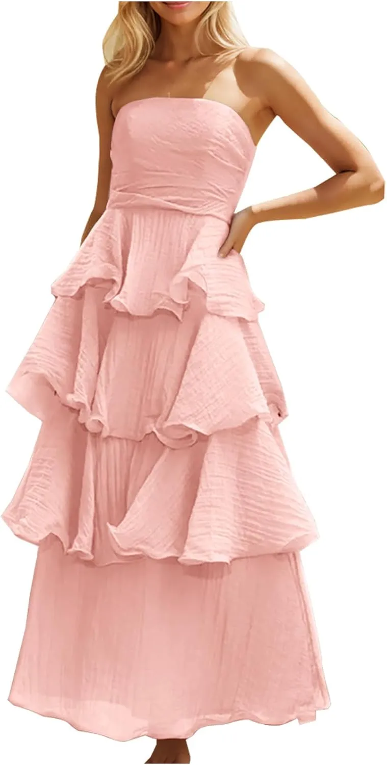 Strapless Prom Dress Chiffon Maxi Bridesmaid Dress Ruffle Tiered Off The Shoulder Long Formal Dresses Evening Gown