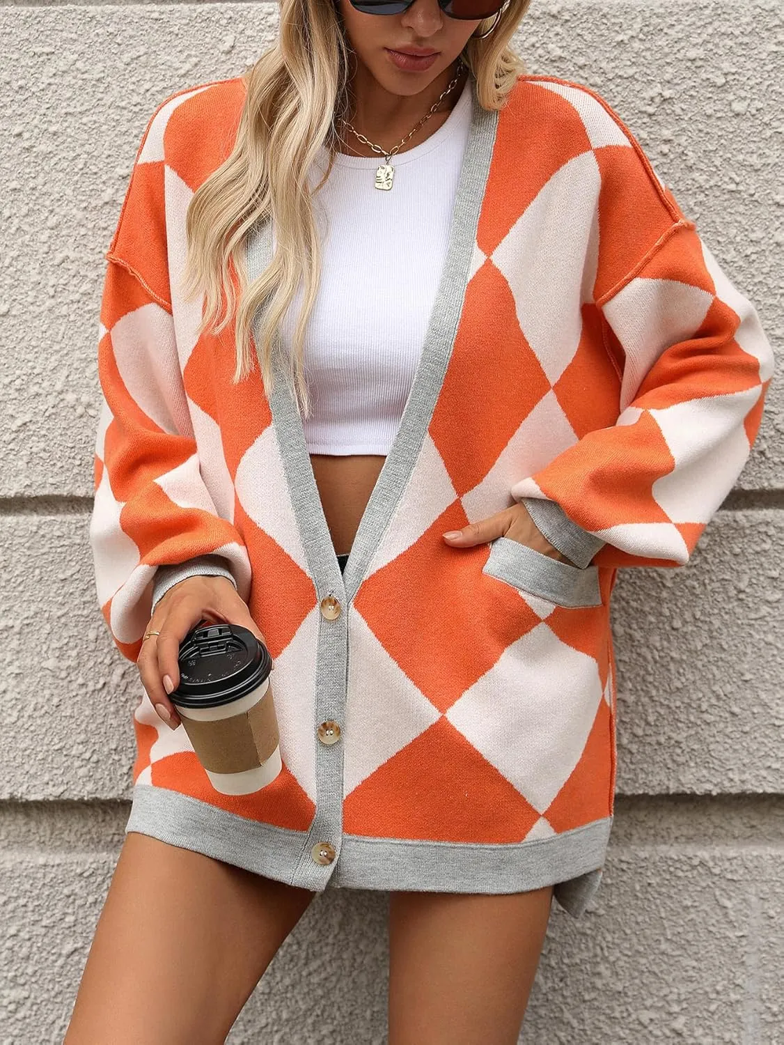 Sumleno Women Argyle Preppy Cardigan Sweaters Long Sleeve Button Open Front Oversized Knit Tops Fall Winter Y2k Outfits