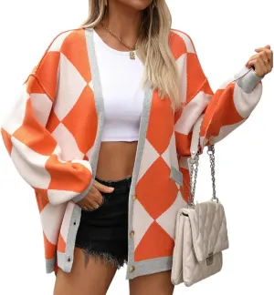 Sumleno Women Argyle Preppy Cardigan Sweaters Long Sleeve Button Open Front Oversized Knit Tops Fall Winter Y2k Outfits