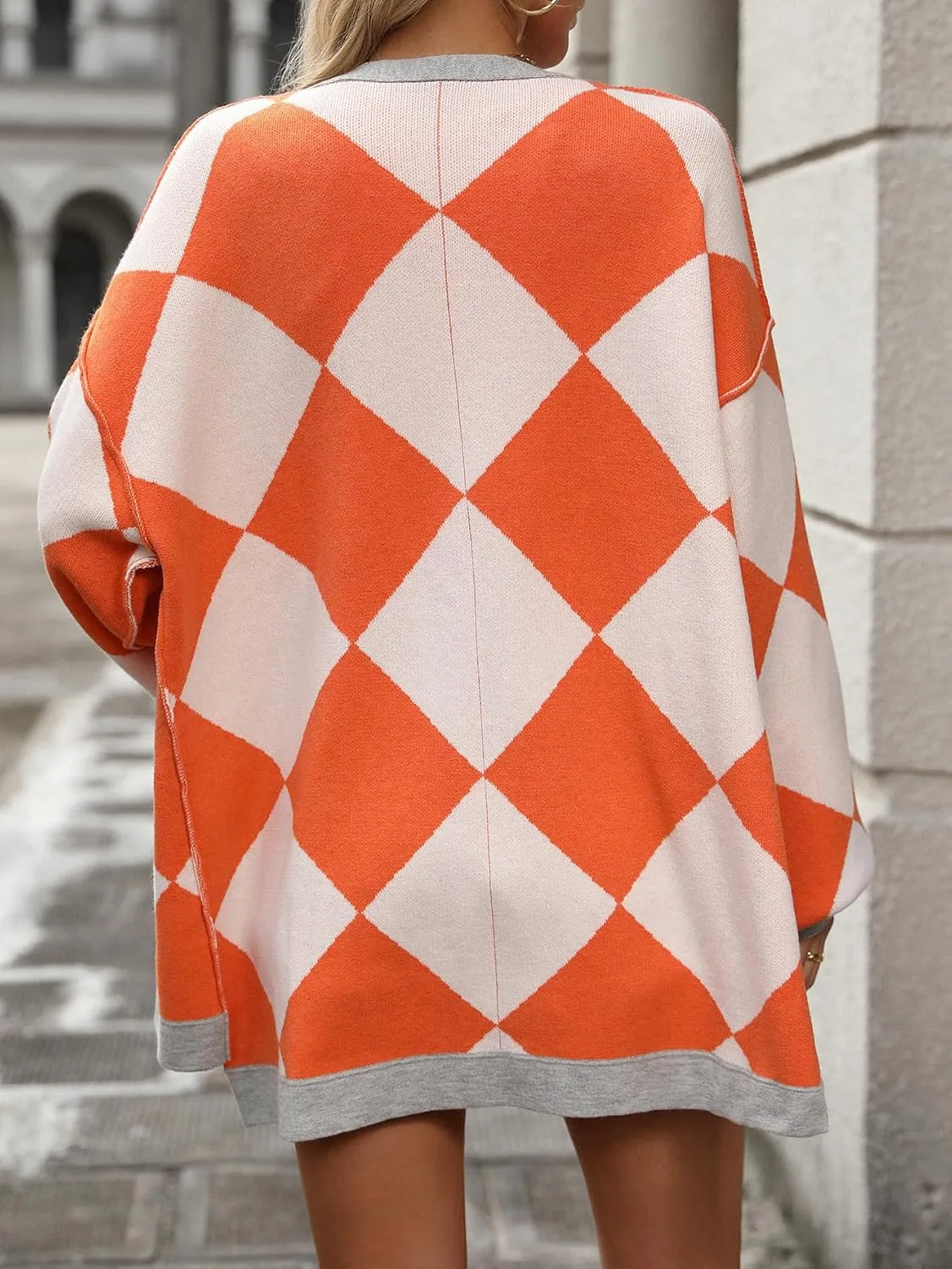 Sumleno Women Argyle Preppy Cardigan Sweaters Long Sleeve Button Open Front Oversized Knit Tops Fall Winter Y2k Outfits