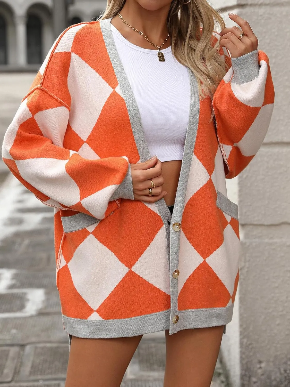 Sumleno Women Argyle Preppy Cardigan Sweaters Long Sleeve Button Open Front Oversized Knit Tops Fall Winter Y2k Outfits