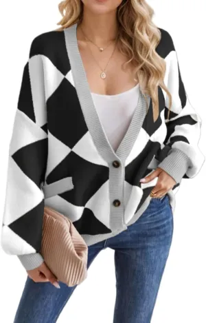 Sumleno Women Y2k Aesthetic Cardigan Sweaters Argyle Long Sleeve Open Front Knit Outerwear Trendy Oversized Fall Tops