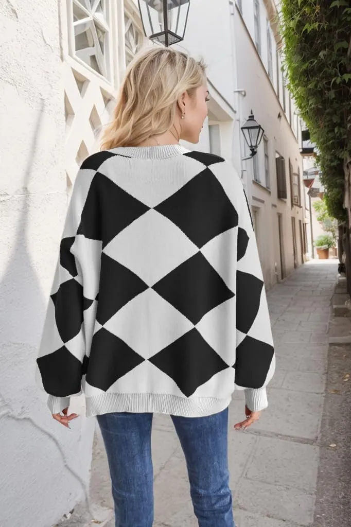 Sumleno Women Y2k Aesthetic Cardigan Sweaters Argyle Long Sleeve Open Front Knit Outerwear Trendy Oversized Fall Tops