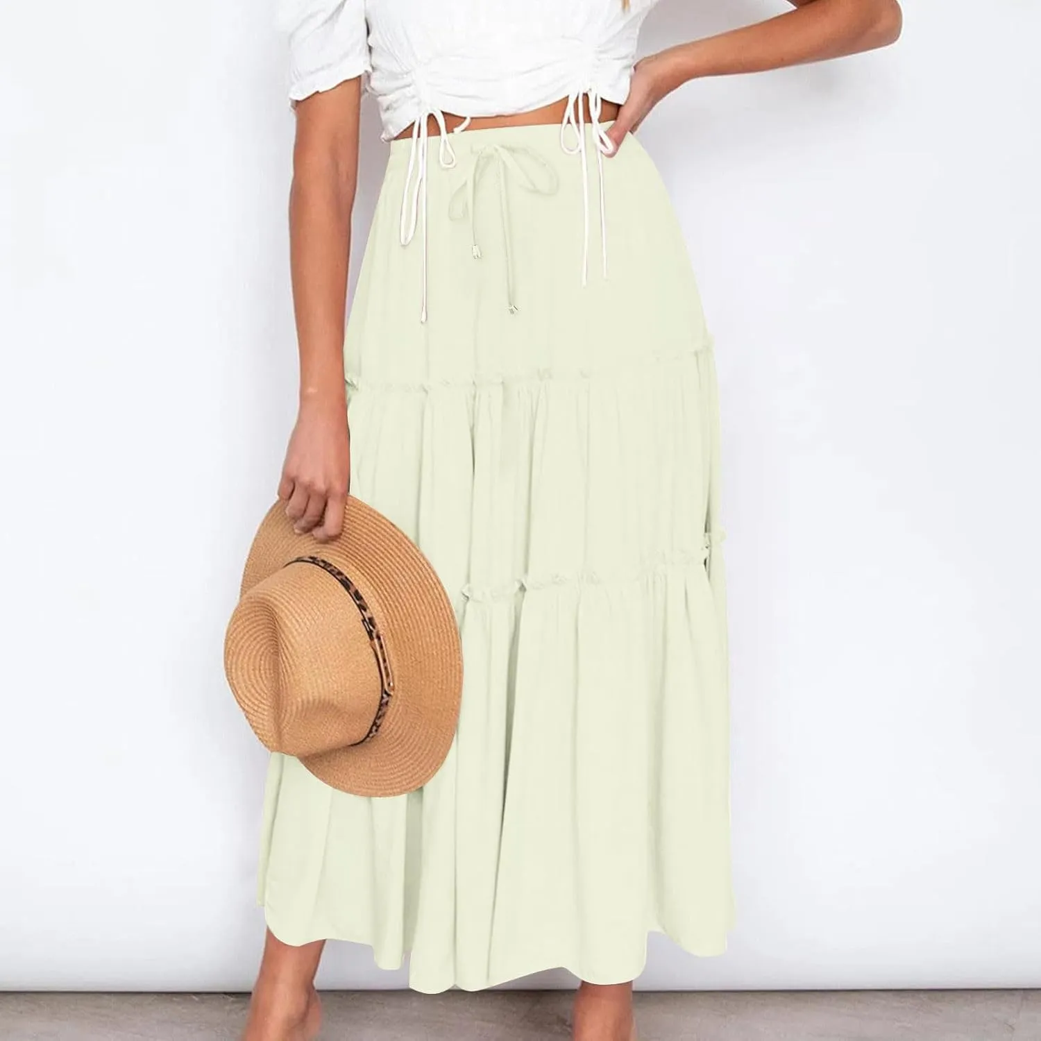 Summer Basic Midi Skirt for Women Layered Ruffle Flowy A-Line Skirts Drawstring Elastic High Waist Swing Beach Skirt