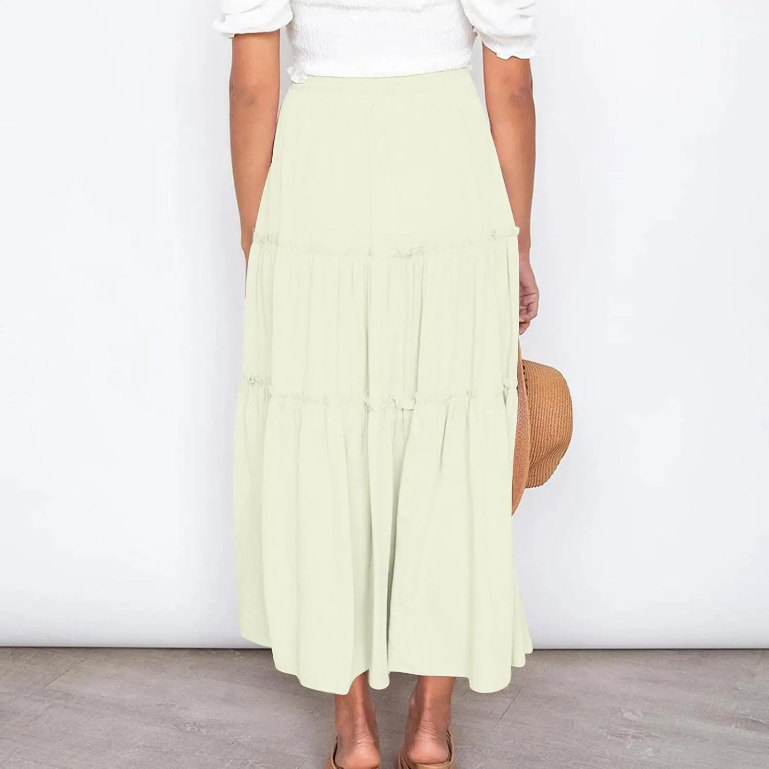 Summer Basic Midi Skirt for Women Layered Ruffle Flowy A-Line Skirts Drawstring Elastic High Waist Swing Beach Skirt