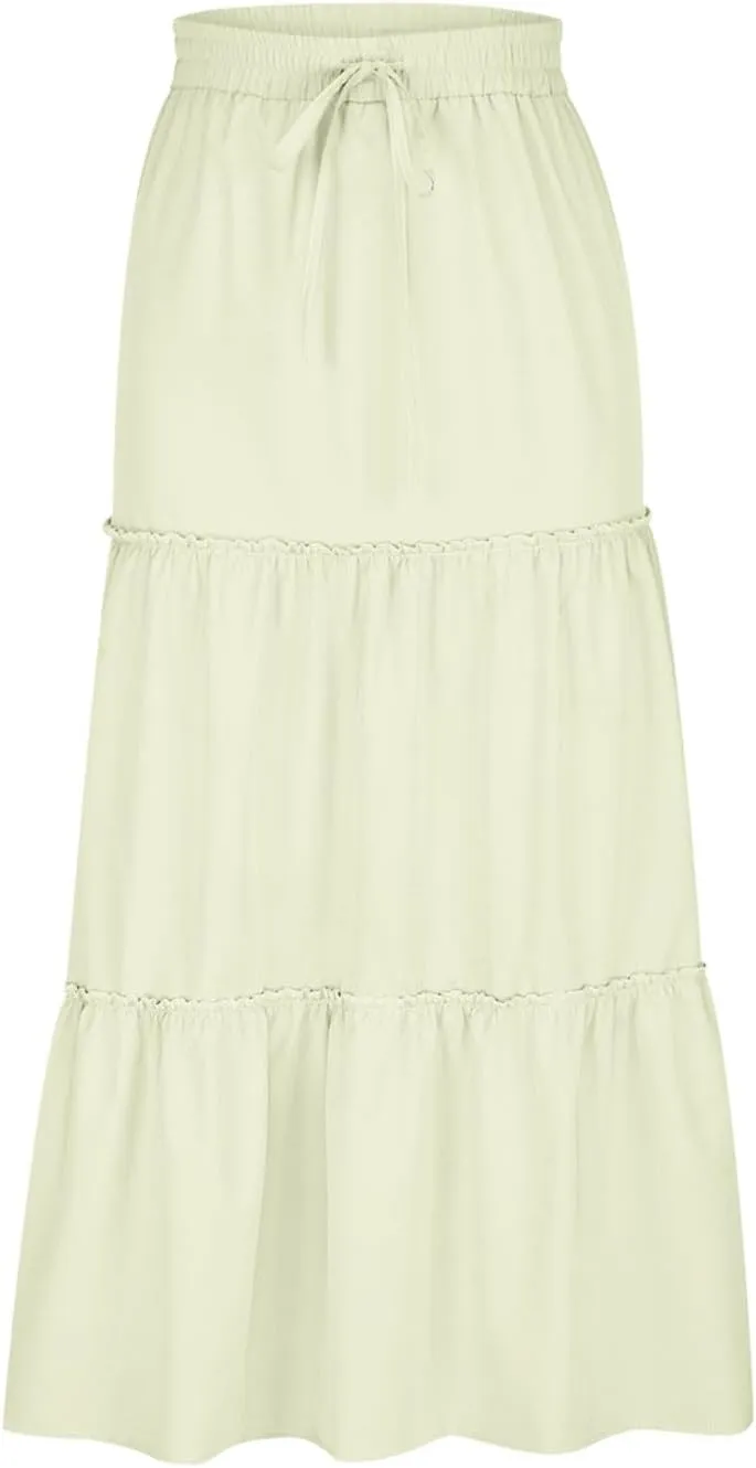 Summer Basic Midi Skirt for Women Layered Ruffle Flowy A-Line Skirts Drawstring Elastic High Waist Swing Beach Skirt