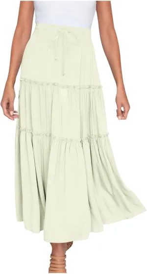 Summer Basic Midi Skirt for Women Layered Ruffle Flowy A-Line Skirts Drawstring Elastic High Waist Swing Beach Skirt