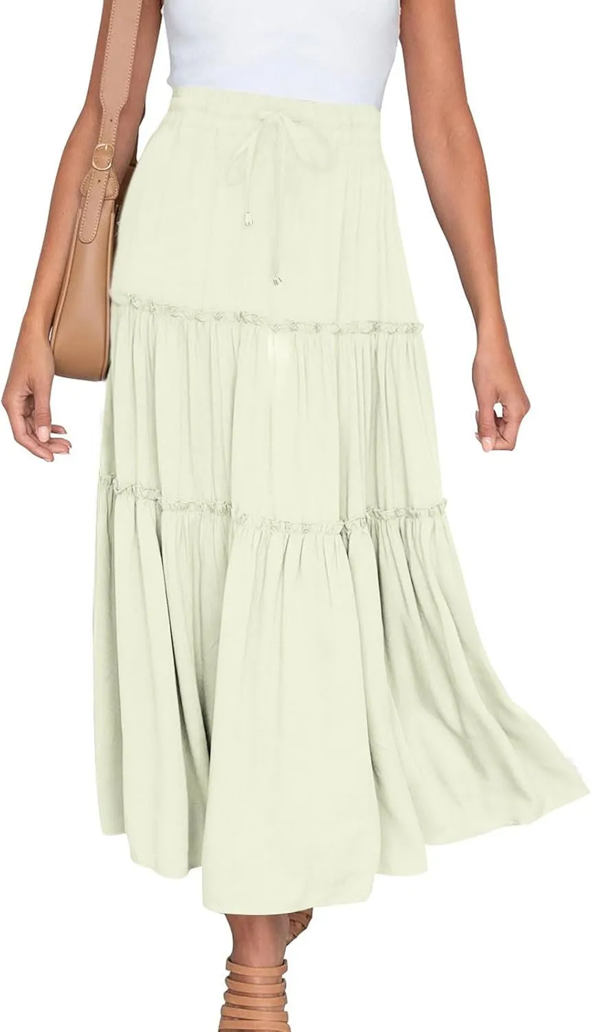 Summer Basic Midi Skirt for Women Layered Ruffle Flowy A-Line Skirts Drawstring Elastic High Waist Swing Beach Skirt
