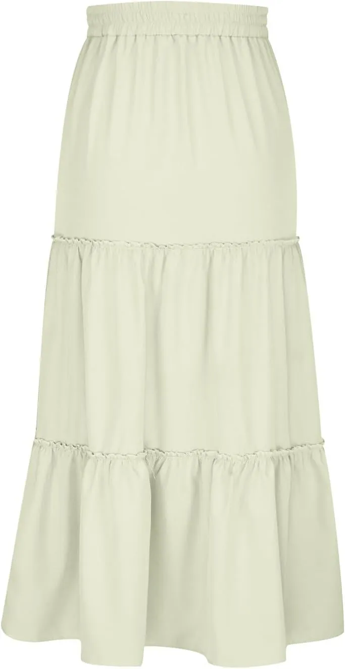 Summer Basic Midi Skirt for Women Layered Ruffle Flowy A-Line Skirts Drawstring Elastic High Waist Swing Beach Skirt