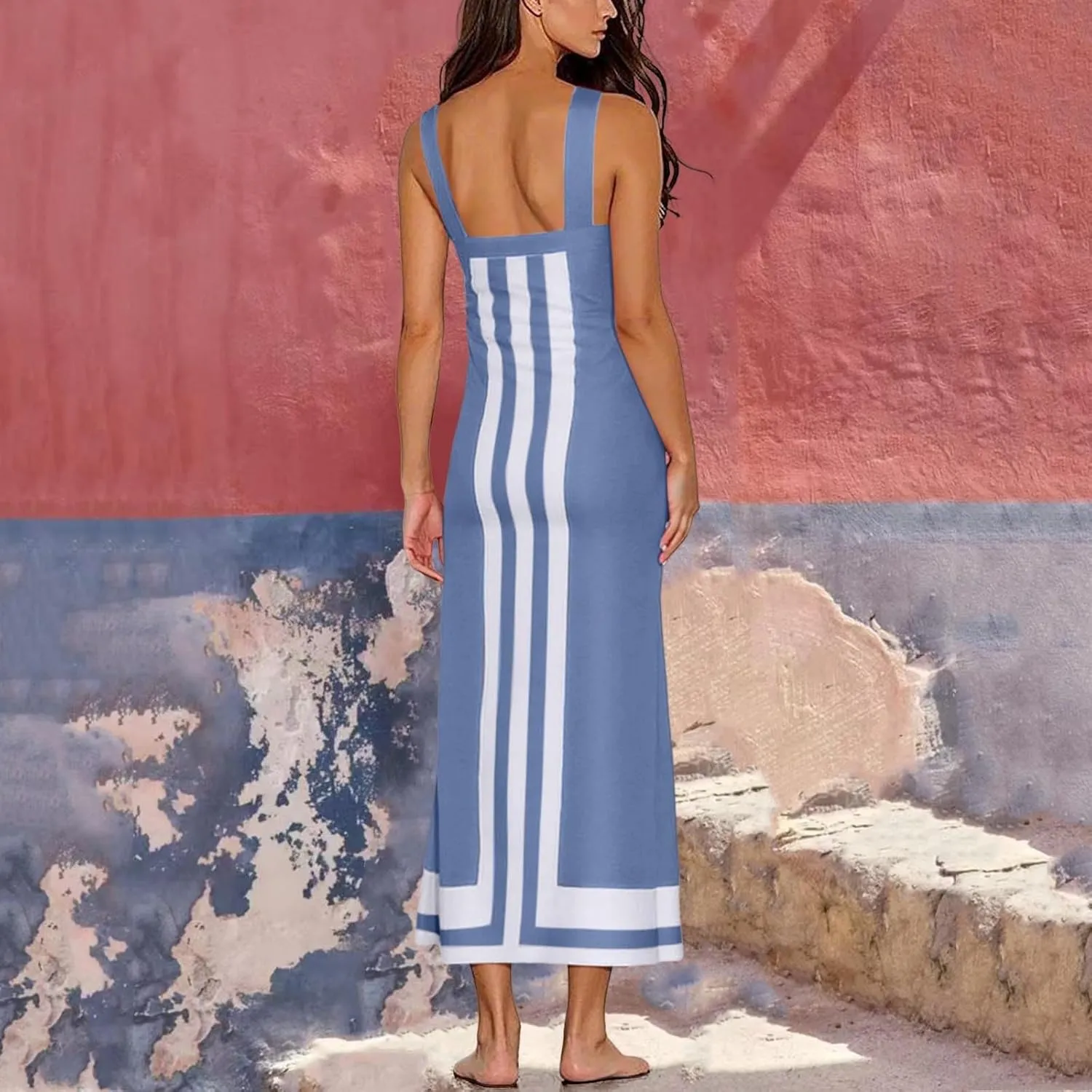 Summer Color Blocks Dresses for Women Spaghetti Straps Baggy Midi Dress Sleeveless Casual Trendy Vacation Beach Dress
