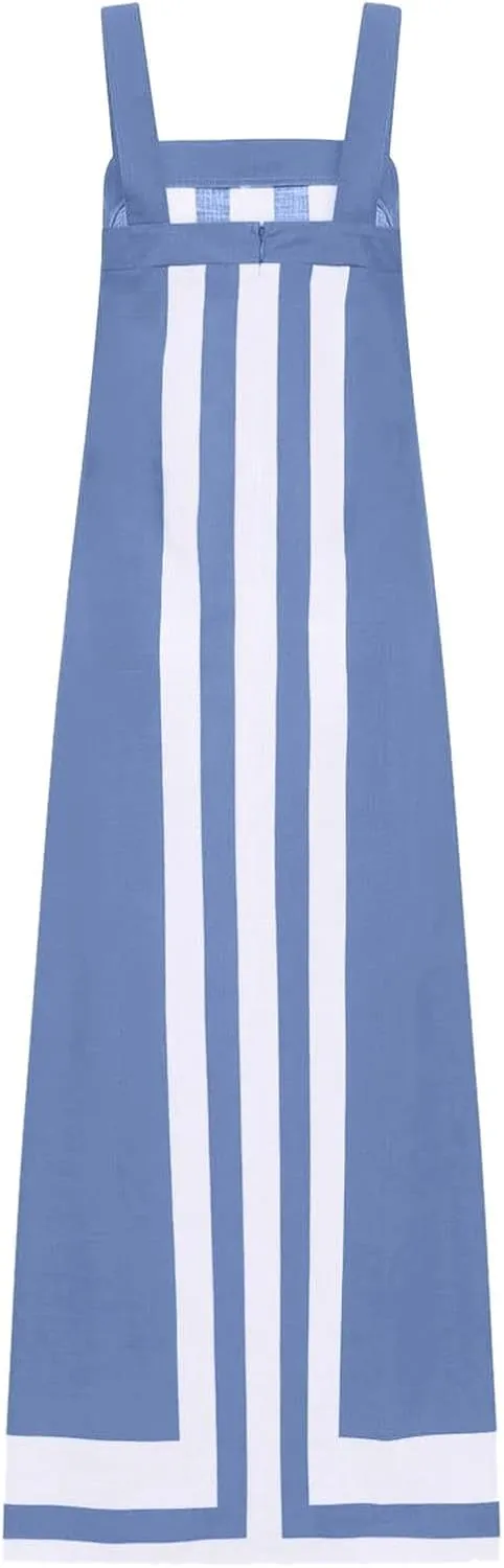 Summer Color Blocks Dresses for Women Spaghetti Straps Baggy Midi Dress Sleeveless Casual Trendy Vacation Beach Dress