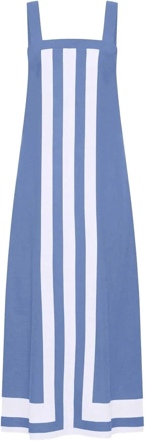 Summer Color Blocks Dresses for Women Spaghetti Straps Baggy Midi Dress Sleeveless Casual Trendy Vacation Beach Dress