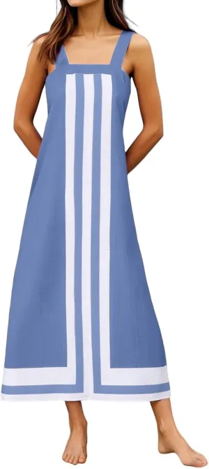 Summer Color Blocks Dresses for Women Spaghetti Straps Baggy Midi Dress Sleeveless Casual Trendy Vacation Beach Dress