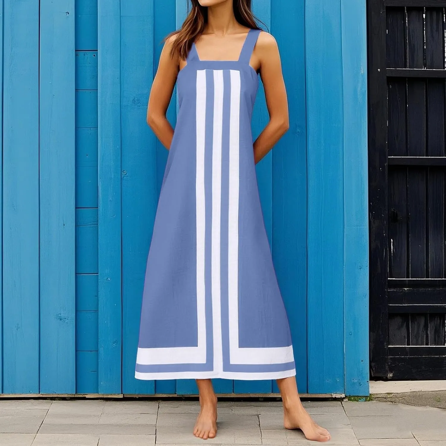 Summer Color Blocks Dresses for Women Spaghetti Straps Baggy Midi Dress Sleeveless Casual Trendy Vacation Beach Dress