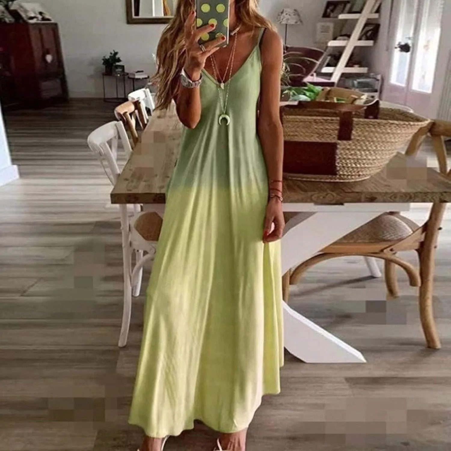 Summer Dresses for Women 2024 Casual V-Neck Long Dress Elegant A Line Sleeveless Printed Beach Sundress