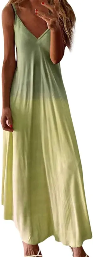 Summer Dresses for Women 2024 Casual V-Neck Long Dress Elegant A Line Sleeveless Printed Beach Sundress