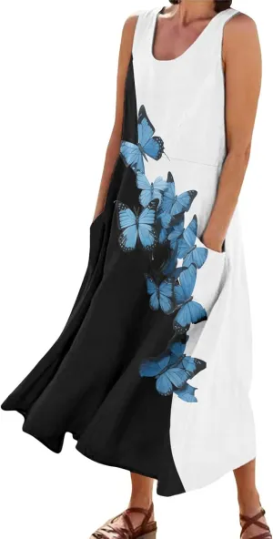 Summer Dresses for Women 2024 Vacation Linen Sleeveless Boho Floral Print Beach Sundress Casual Baggy Maxi Dress with Pockets