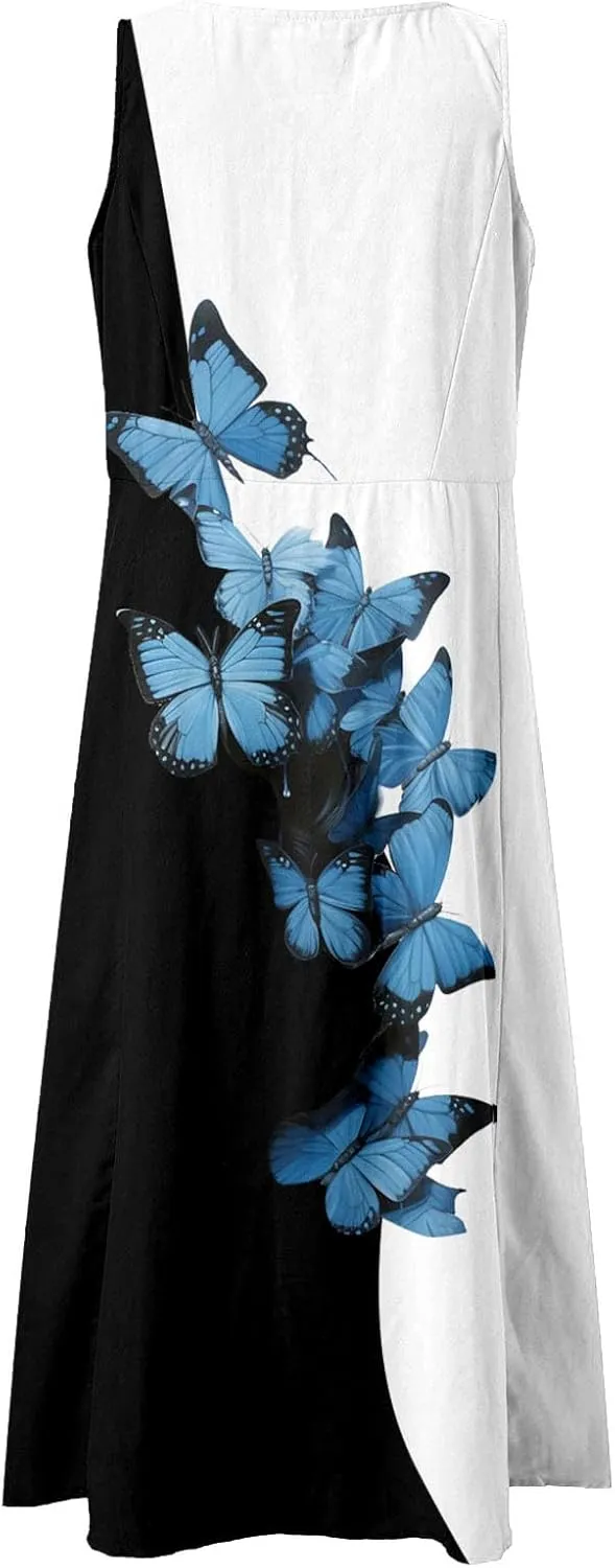 Summer Dresses for Women 2024 Vacation Linen Sleeveless Boho Floral Print Beach Sundress Casual Baggy Maxi Dress with Pockets