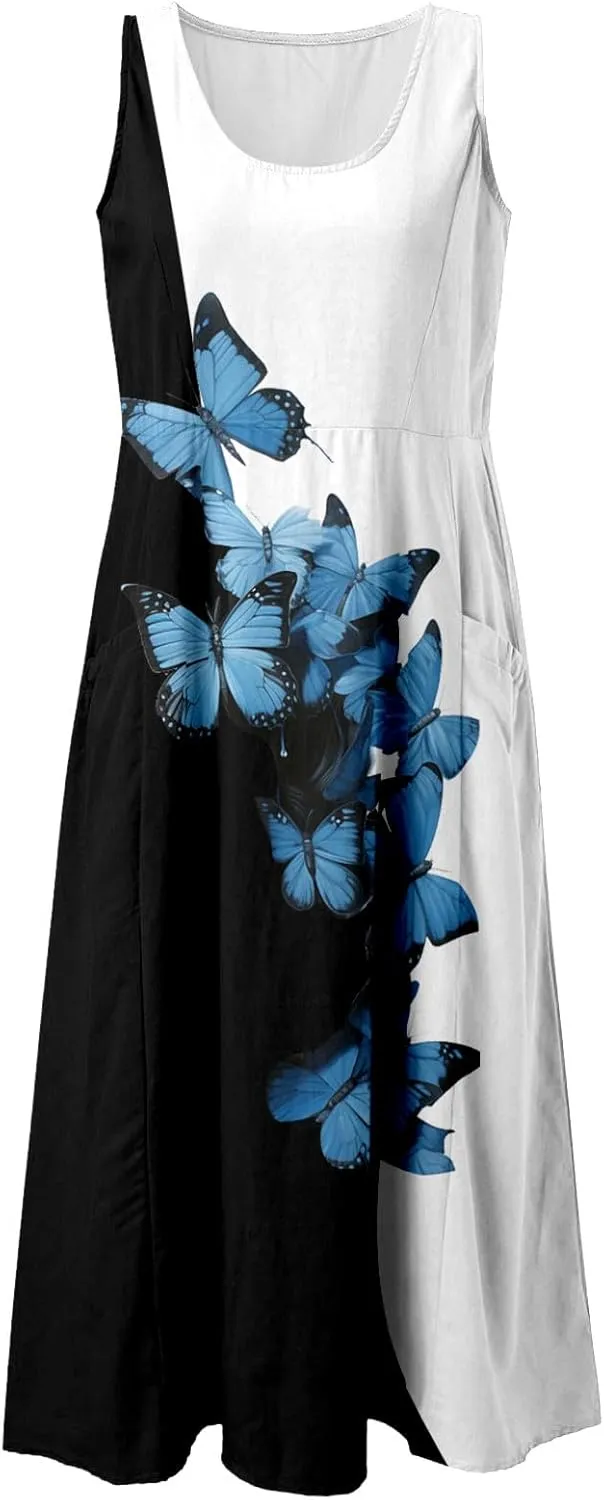 Summer Dresses for Women 2024 Vacation Linen Sleeveless Boho Floral Print Beach Sundress Casual Baggy Maxi Dress with Pockets