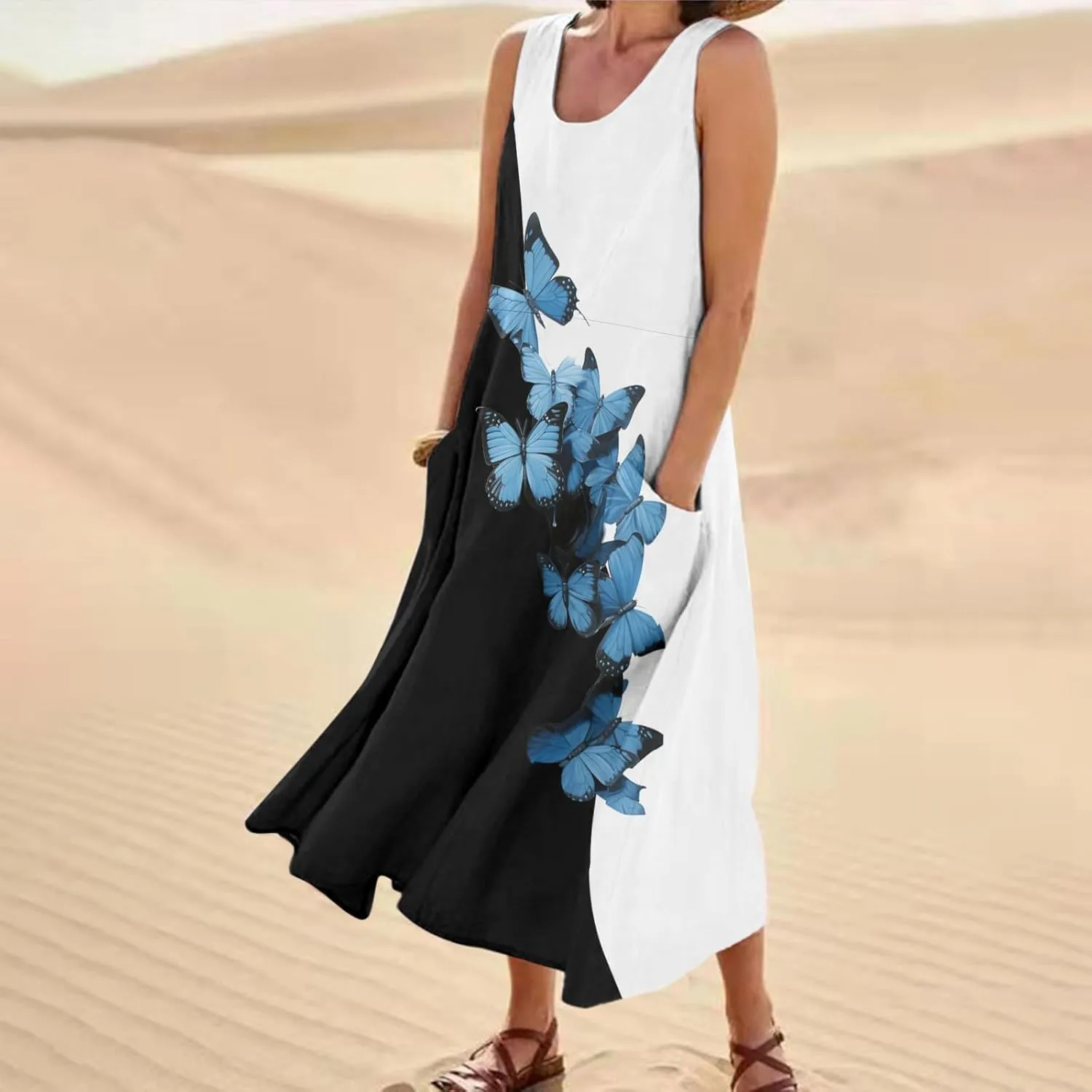Summer Dresses for Women 2024 Vacation Linen Sleeveless Boho Floral Print Beach Sundress Casual Baggy Maxi Dress with Pockets
