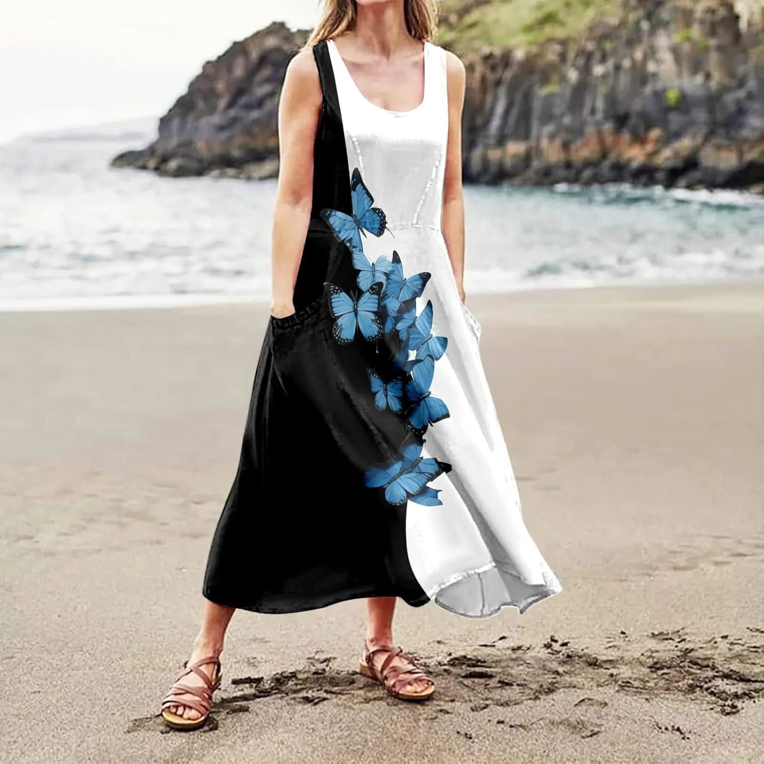 Summer Dresses for Women 2024 Vacation Linen Sleeveless Boho Floral Print Beach Sundress Casual Baggy Maxi Dress with Pockets
