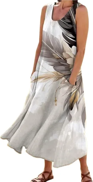 Summer Dresses for Women 2024 Vacation Linen Sleeveless Long Tank Sundresses Boho Floral Print Beach Dress with Pockets