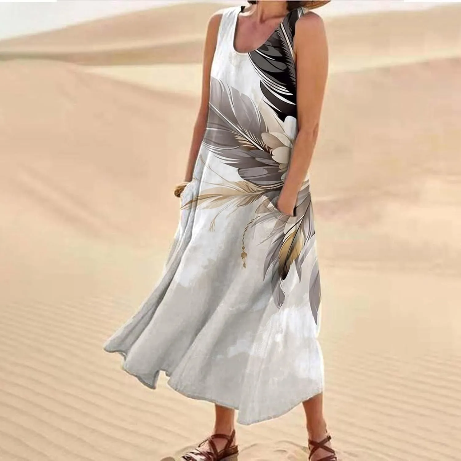 Summer Dresses for Women 2024 Vacation Linen Sleeveless Long Tank Sundresses Boho Floral Print Beach Dress with Pockets
