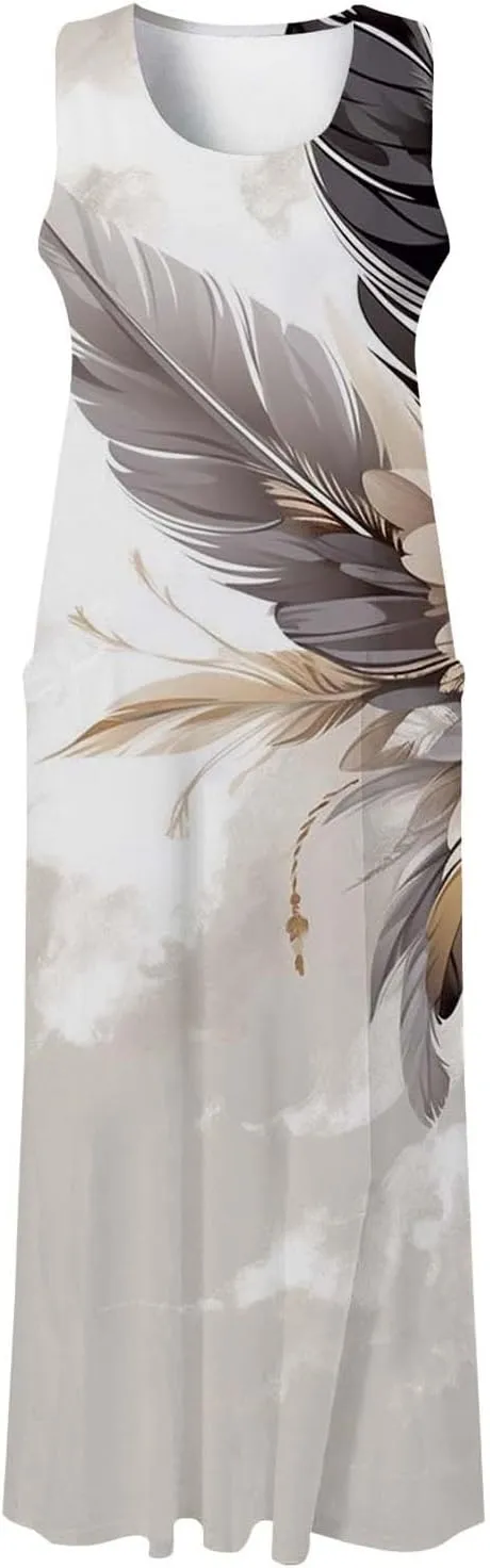 Summer Dresses for Women 2024 Vacation Linen Sleeveless Long Tank Sundresses Boho Floral Print Beach Dress with Pockets