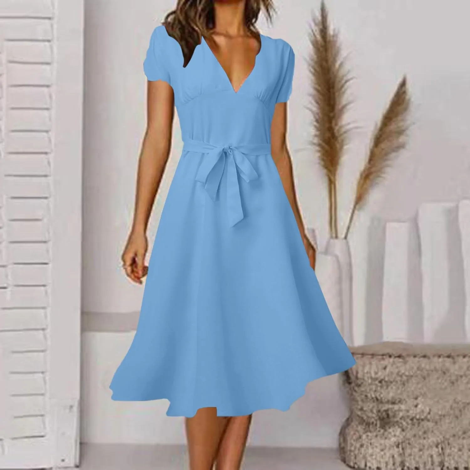 Summer Dresses for Women 2024 Vacation V Neck Beach Dress Elegant A Line Midi Dress Knee Length Tie Front Casual Dress