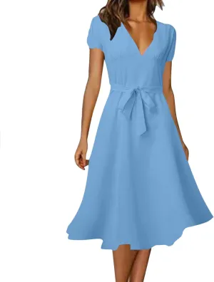 Summer Dresses for Women 2024 Vacation V Neck Beach Dress Elegant A Line Midi Dress Knee Length Tie Front Casual Dress