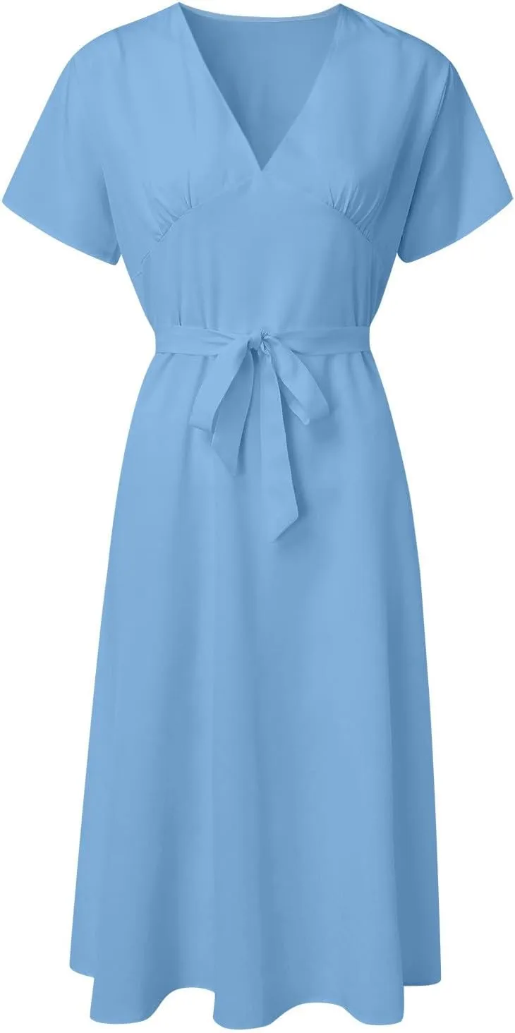 Summer Dresses for Women 2024 Vacation V Neck Beach Dress Elegant A Line Midi Dress Knee Length Tie Front Casual Dress