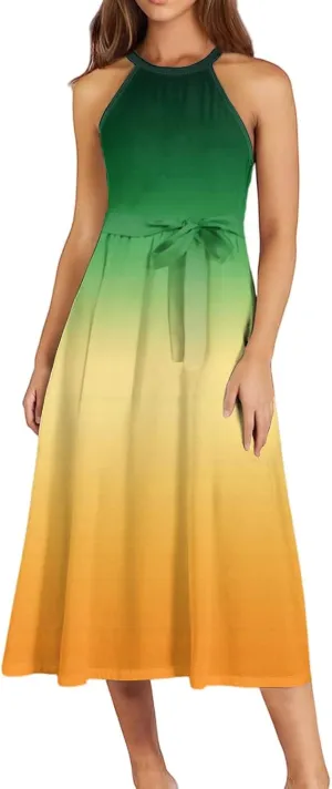 Summer Dresses for Women 2025 Casual Round Neck Midi Dress Sleeveless Tie Waist Loose Boho Summer Beach Sundress