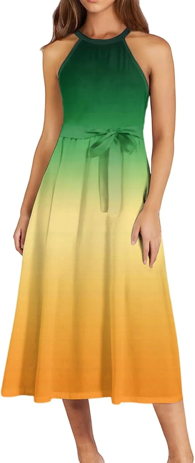 Summer Dresses for Women 2025 Casual Round Neck Midi Dress Sleeveless Tie Waist Loose Boho Summer Beach Sundress