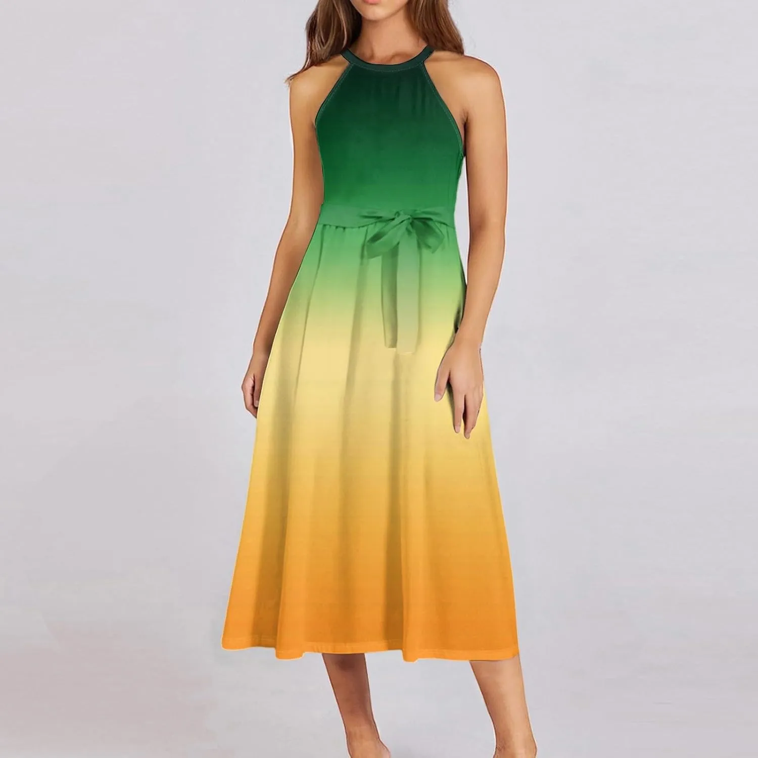 Summer Dresses for Women 2025 Casual Round Neck Midi Dress Sleeveless Tie Waist Loose Boho Summer Beach Sundress