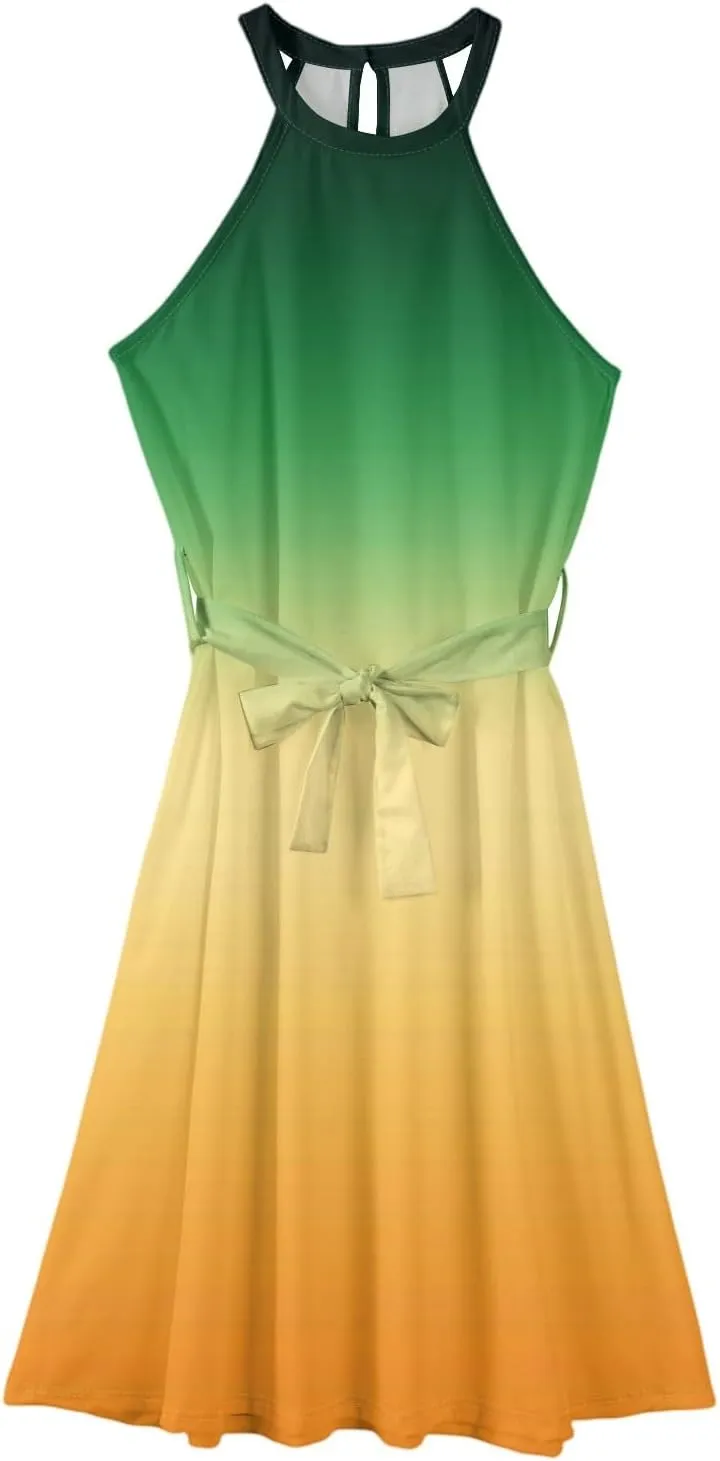 Summer Dresses for Women 2025 Casual Round Neck Midi Dress Sleeveless Tie Waist Loose Boho Summer Beach Sundress