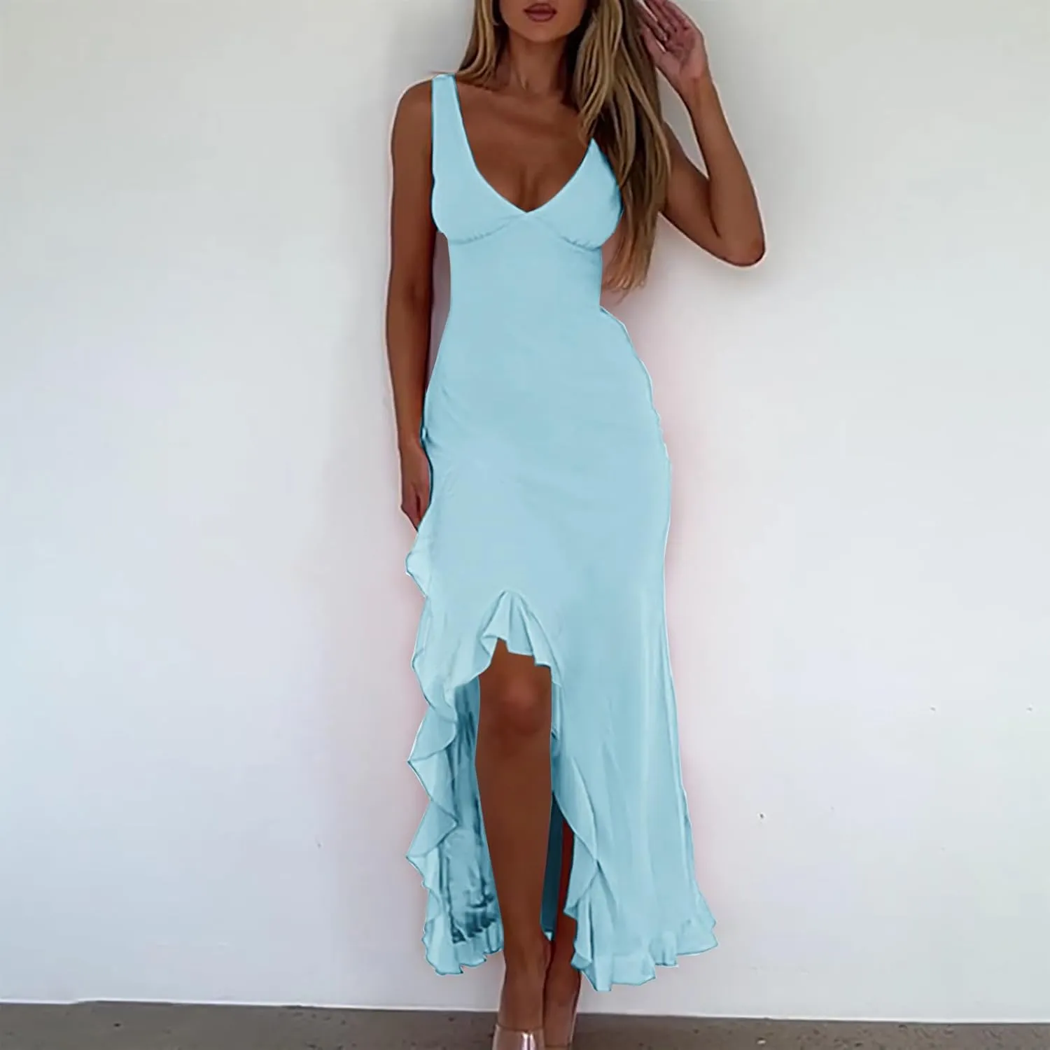 Summer Dresses for Women 2025 Deep V Neck Sleeveless Sundress Fashion Split Flowy Fitted Club Evening Party Dress