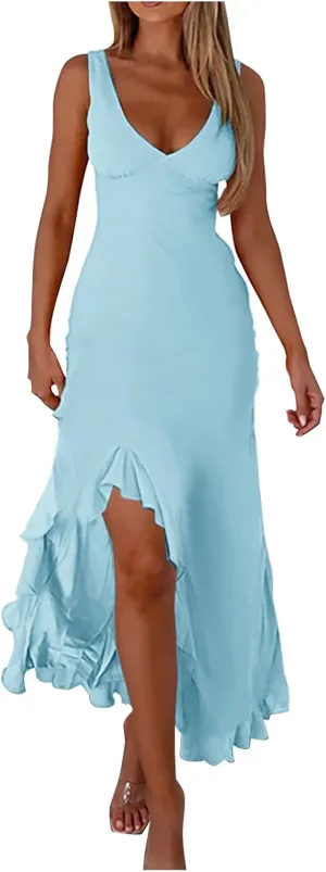 Summer Dresses for Women 2025 Deep V Neck Sleeveless Sundress Fashion Split Flowy Fitted Club Evening Party Dress
