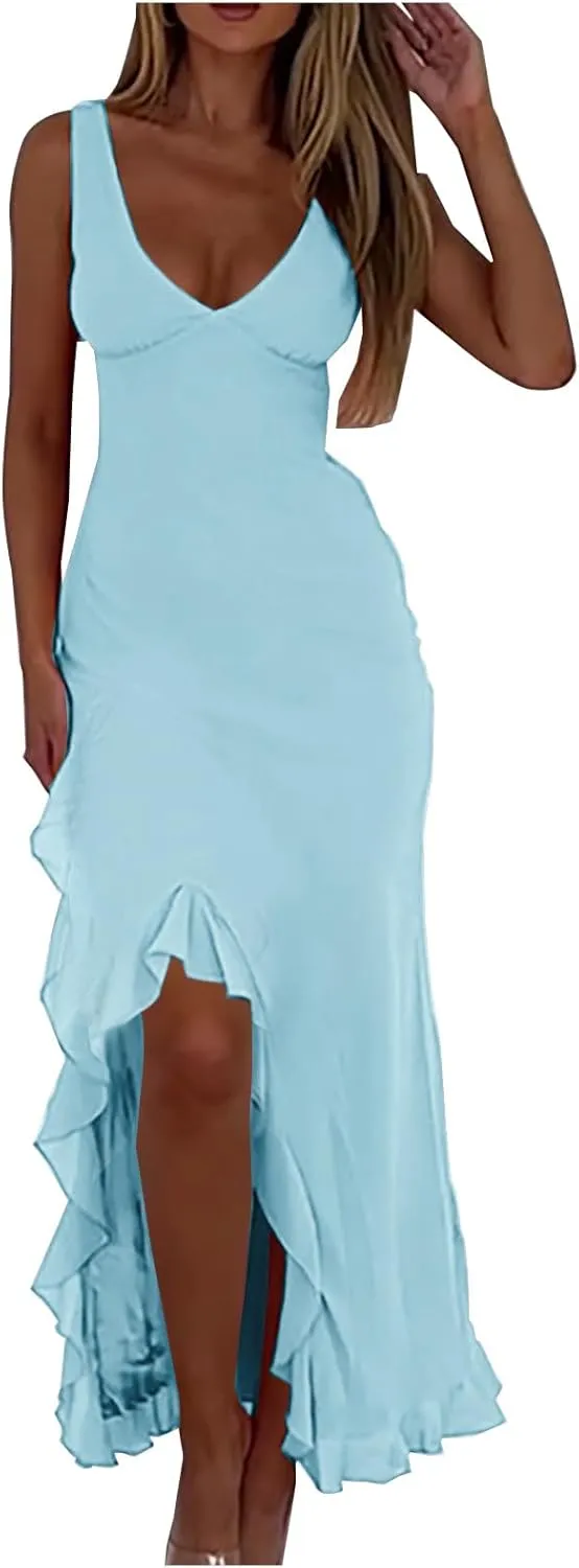 Summer Dresses for Women 2025 Deep V Neck Sleeveless Sundress Fashion Split Flowy Fitted Club Evening Party Dress