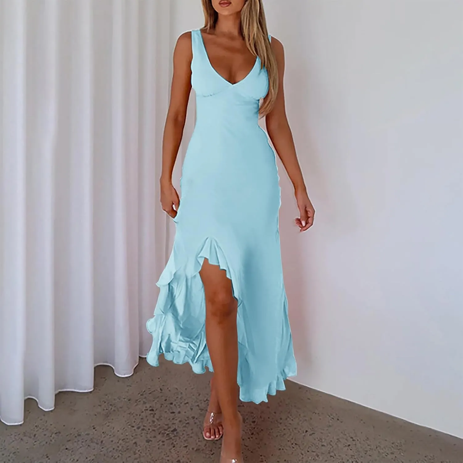 Summer Dresses for Women 2025 Deep V Neck Sleeveless Sundress Fashion Split Flowy Fitted Club Evening Party Dress