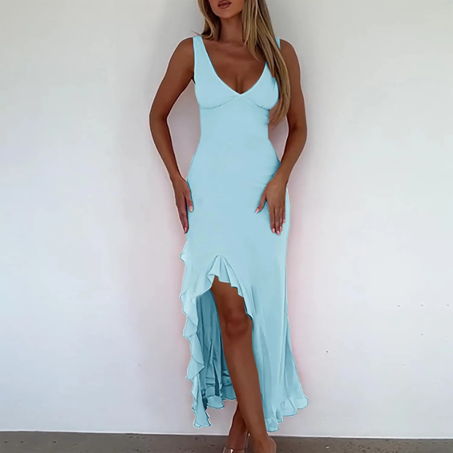 Summer Dresses for Women 2025 Deep V Neck Sleeveless Sundress Fashion Split Flowy Fitted Club Evening Party Dress