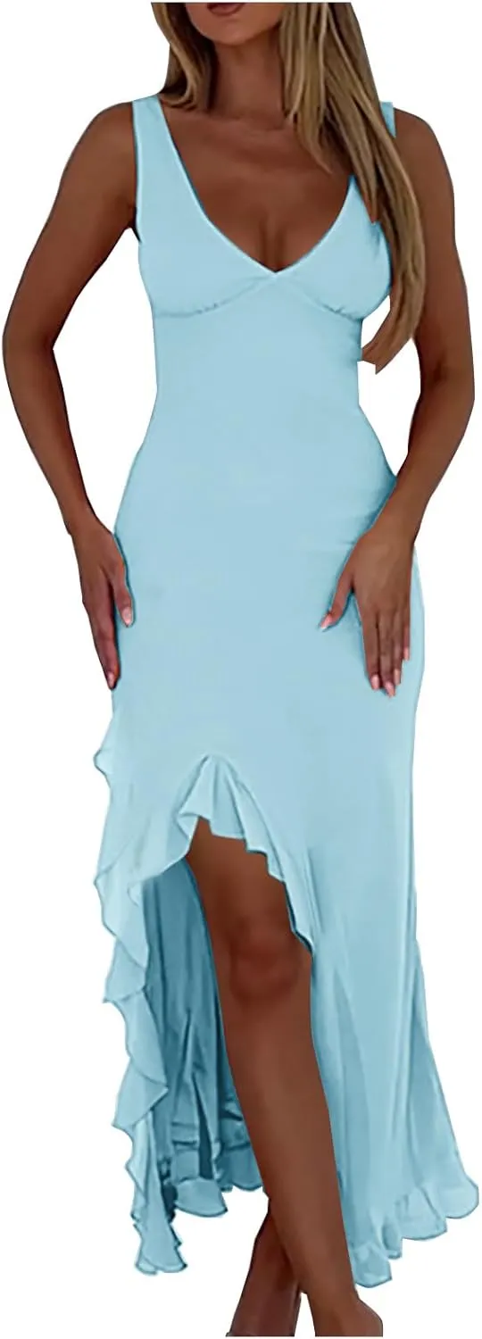 Summer Dresses for Women 2025 Deep V Neck Sleeveless Sundress Fashion Split Flowy Fitted Club Evening Party Dress