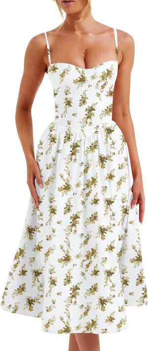Summer Dresses for Women 2025 Formal Spaghetti Strap Bustier Midi Flowy Pleated Hem Corset Sundress with Pockets